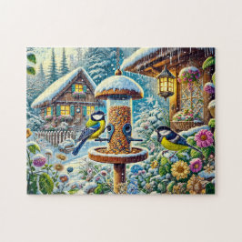 Zwei große Tit-Vögel am Züchter im Winter Puzzle