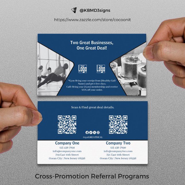 Zwei große Unternehmen, eine große Co-Markenbezeic Empfehlungskarte (Two Great Businesses, One Great Co-Branded Blue Referral Card Business Collaboration Cross Promotion)