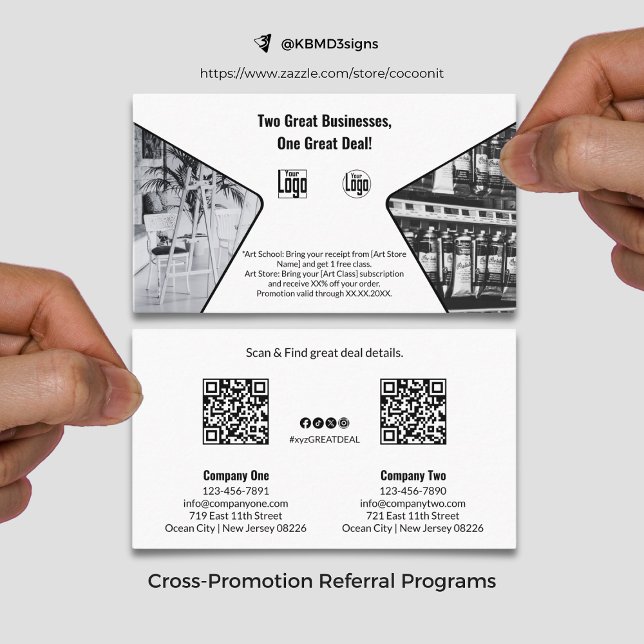 Zwei große Unternehmen, eine mit dem Markenzeichen Empfehlungskarte (Two Great Businesses, One Co-Branded Black & White Referral Card, Cross Promotion)