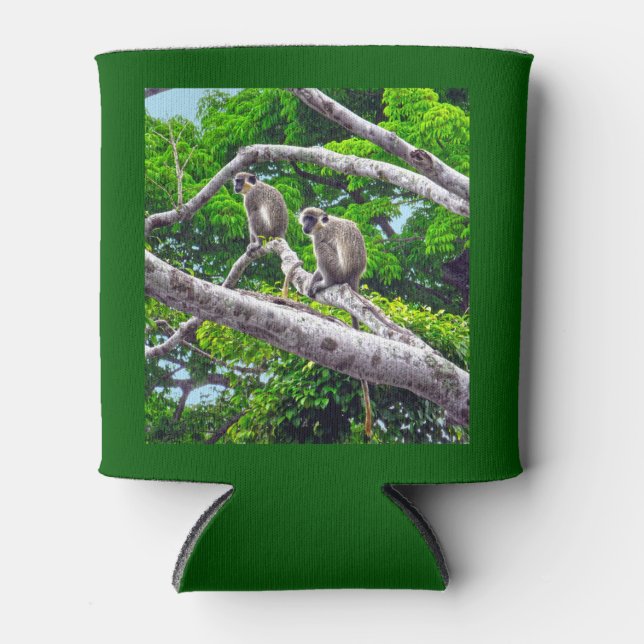 Zwei grüne Affen, die in Baumdrucken sitzen, könne Dosenkühler (Vorderseite)