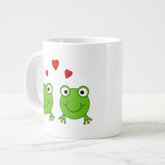 Zwei grüne Frösche mit roten Herzen. Jumbo-Tasse (Vorderseite Links)
