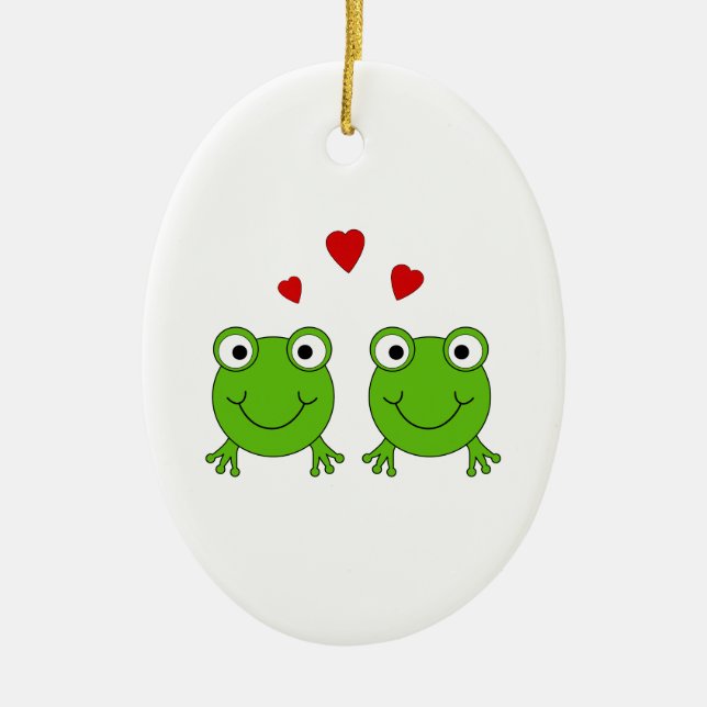 Zwei grüne Frösche mit roten Herzen Keramikornament (Vorne)