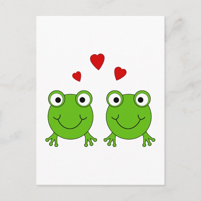 Zwei grüne Frösche mit roten Herzen. Postkarte (Vorderseite)