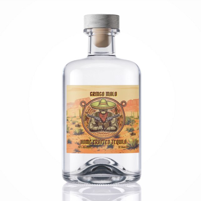 Zwei Gun Bad Hombre Zuhause made Tequila Alkoholflaschenetikett (Von Creator hochgeladen)