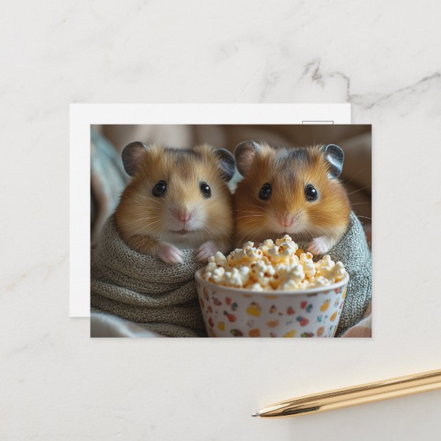 Zwei Hamster mit einer großen Popcorn-Schüssel Postkarte (Vorderseite/Rückseite Beispiel)