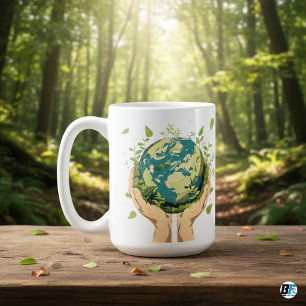Zwei Hände halten die Erde bedeckt mit Grün Kaffeetasse