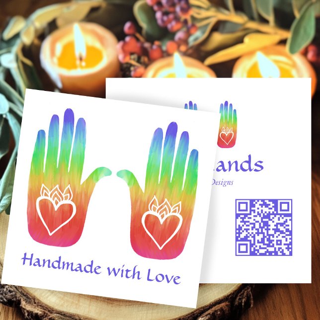 Zwei Hände Herz Hamsa Rainbow CUSTOM QR Code Quadratische Visitenkarte (Two Hands Hearts Hamsa Rainbow CUSTOM QR Code Square Business Card
)