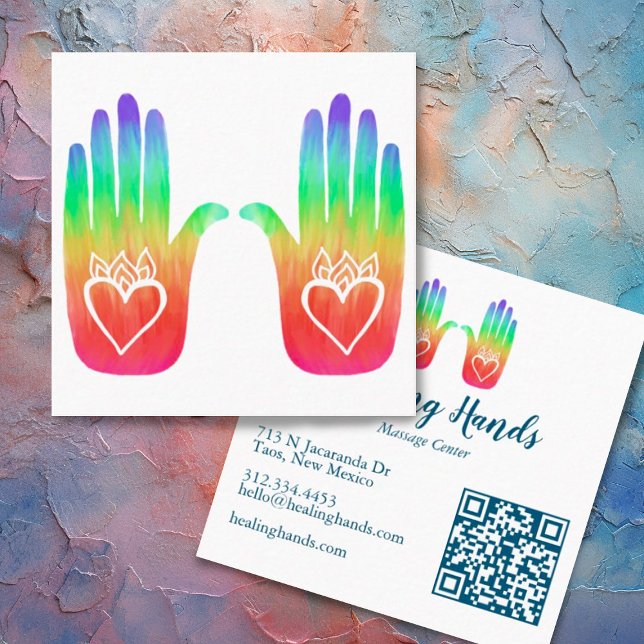 Zwei Hearts Hamsa Rainbow QR Code Quadratische Visitenkarte (Rainbow hands custom business card with QR code)