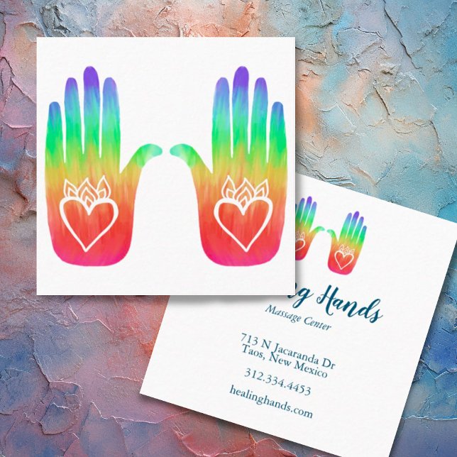 Zwei Hearts Hamsa Regenbogen, individuell angepass Quadratische Visitenkarte (Rainbow hands custom business cards for healers and massage therapists. )