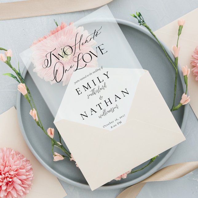 Zwei Herzen ein Herz Minimal moderne Skripthochzei (Two Hearts One Heart Minimal Modern Script Wedding Vellum Invitations)