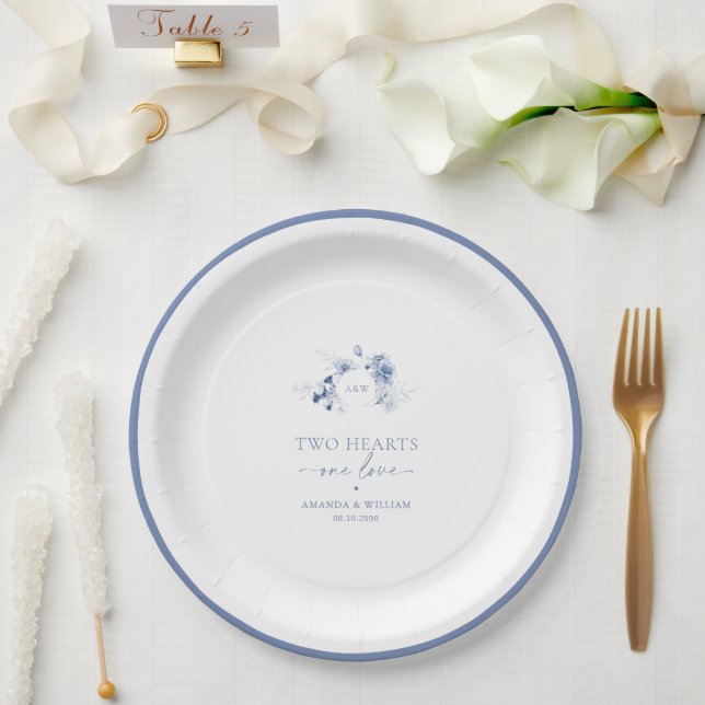 Zwei Herzen · Eine Liebe Dusty Blue Hochzeit  Pappteller (Hochzeit)
