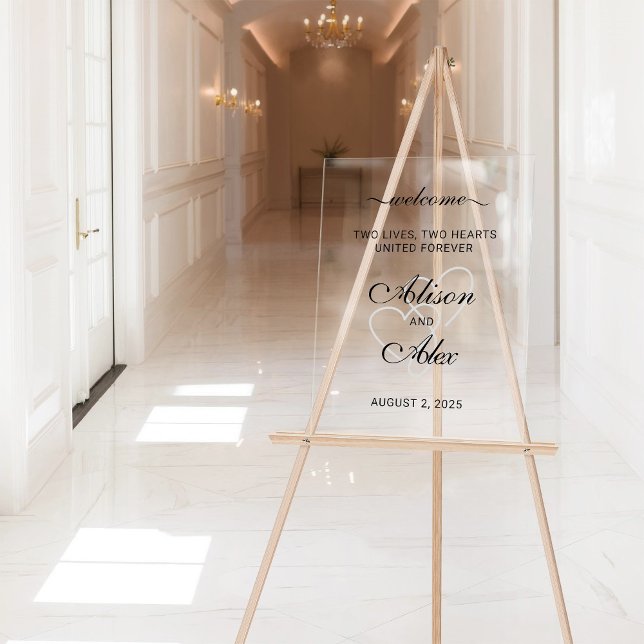 Zwei Herzen Elegantes Skript Hochzeit Begrüßungsze Acrylschild (Von Creator hochgeladen)