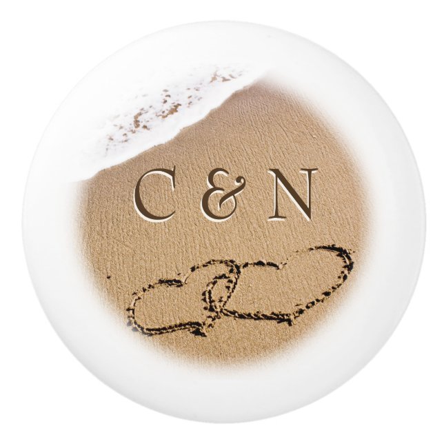 Zwei Herzen im Sand Keramikknauf (Vorderseite)