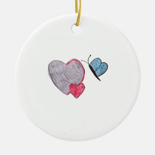Zwei Herzen mit Schmetterling Keramik Ornament (Vorne)