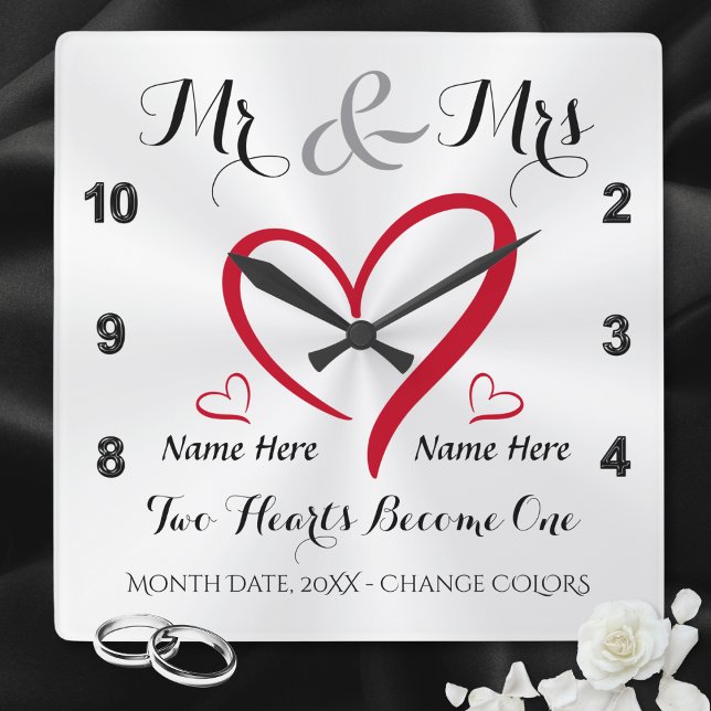 Zwei Herzen werden zu einem Mr. und Mrs. Wedding G Quadratische Wanduhr (Mr & Mrs clock. Mr and Mrs bridal shower gifts. Mrs and Mrs personalised wedding gifts. Clock.)