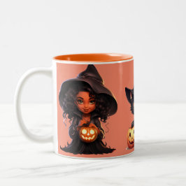 Zwei Hexen und ein schwarzer Katzenschrei Hallowee Zweifarbige Tasse