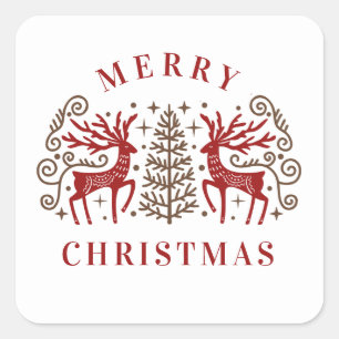 Zwei Hirsche frohe Weihnachten rot & braun Quadratischer Aufkleber