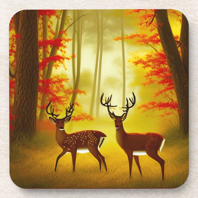 Zwei Hirsche in einem Herbstwald / Wald Getränkeuntersetzer (Vorderseite)