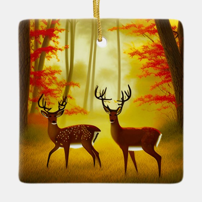 Zwei Hirsche in einem Herbstwald / Wald Keramikornament (Vorderseite)