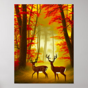 Zwei Hirsche in einem Herbstwald / Wald Poster