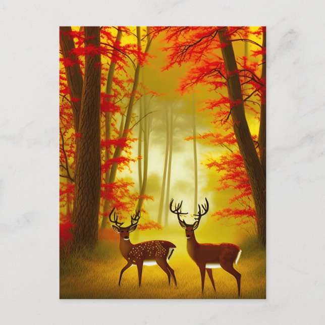 Zwei Hirsche in einem Herbstwald / Wald Postkarte (Vorderseite)