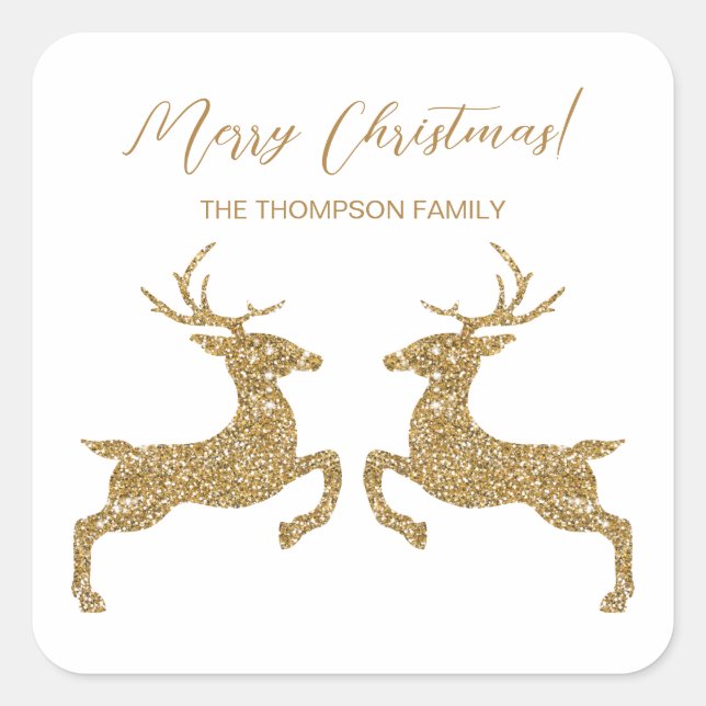 Zwei Hirsche in Imitaten Gelber Glitzer mit benutz Quadratischer Aufkleber (Vorderseite)