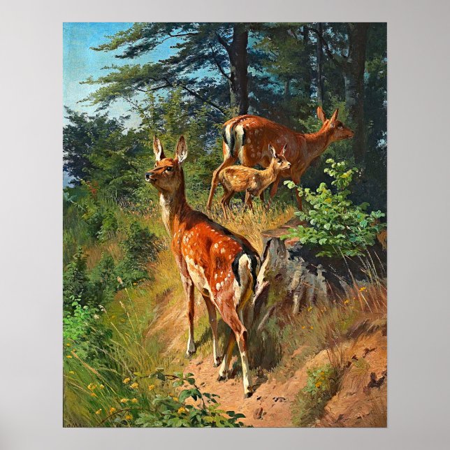 Zwei Hirsche und Niedliche Tiere im Wald Poster (Vorne)