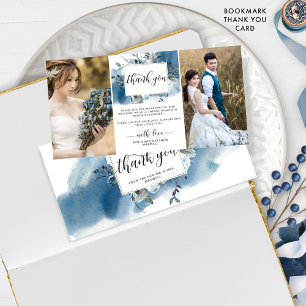 Zwei Hochzeiten Foto Blue Watercolor Floral Vielen Dankeskarte