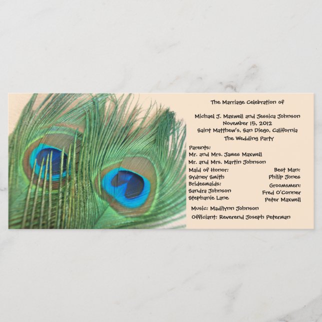 Zwei Hochzeitsprogramme für Golden Peacock Feather Programm (Vorderseite)