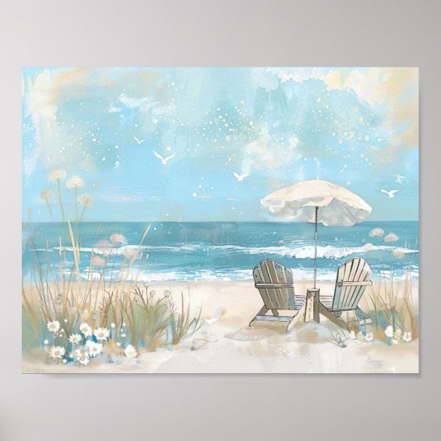 zwei Holzstühle und ein Sonnenschirm am Strand Poster (Vorne)