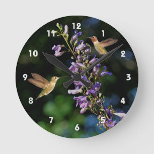 Zwei Hummingvögel fliegen mit Blume, Wall Clock Runde Wanduhr