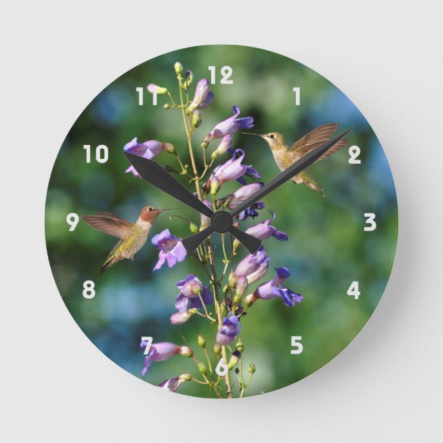 Zwei Hummingvögel fliegen mit Blume, Wall Clock Runde Wanduhr (Vorderseite)