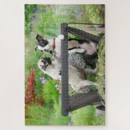 Zwei Hunde einen Mops Welpen und Boston Terrier in Puzzle