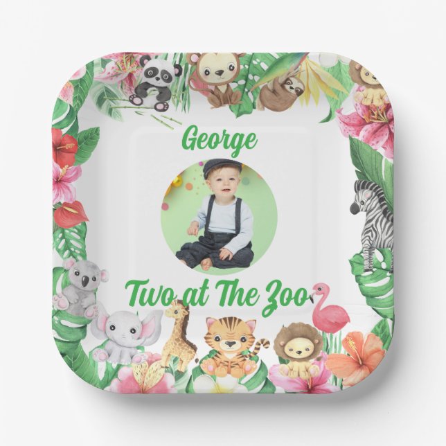 Zwei im Zoo Jungle Safari Kinder Foto Geburtstag Pappteller (Vorderseite)
