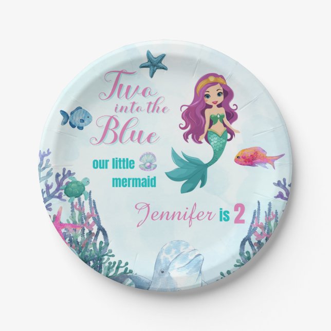 Zwei in die Blue Purpl Meerjungfrau Mädchen 2. Geb Pappteller (Vorderseite)