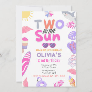 Zwei in Sun Pink Girl Beach 2. Geburtstagsparty Einladung