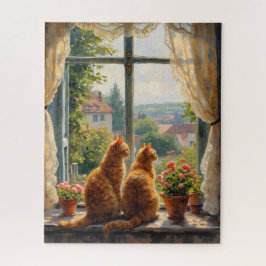 Zwei Ingwerkatzen schauen aus einem Fenster Puzzle