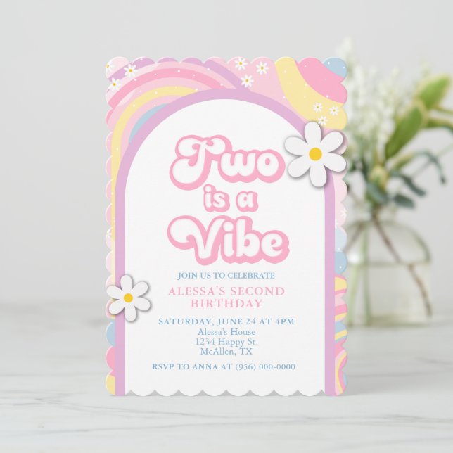 Zwei ist Vibe Groovy, Retro Girl Pastel Colors Einladung (Stehend Vorderseite)