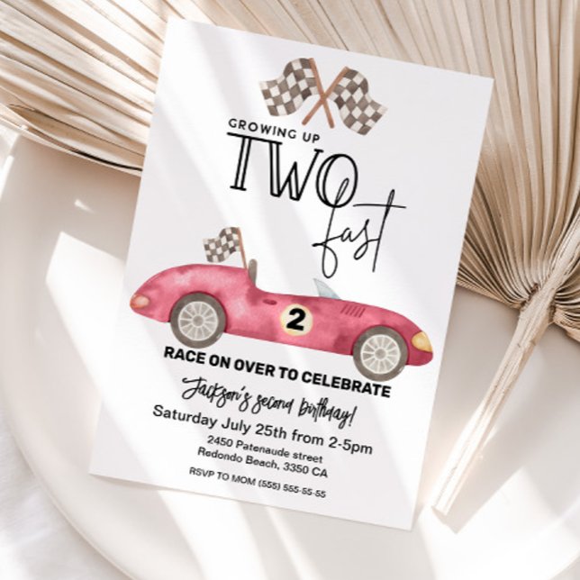 Zwei Jahre werden schnell alt - Rotes Rennwagen 2. Einladung (Growing up TWO FAST birthday invitation, Red race car 2nd birthday)