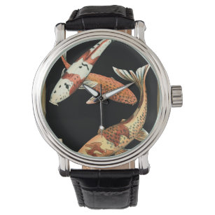 Zwei japanische Koi Goldfish auf schwarzem Hinterg Armbanduhr