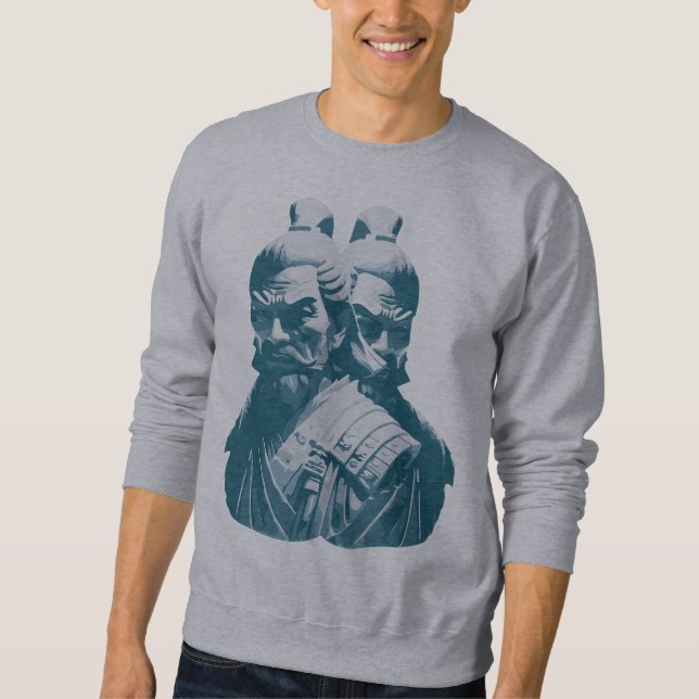 Zwei japanische Samurai Statuen Design Sweatshirt (Vorderseite)