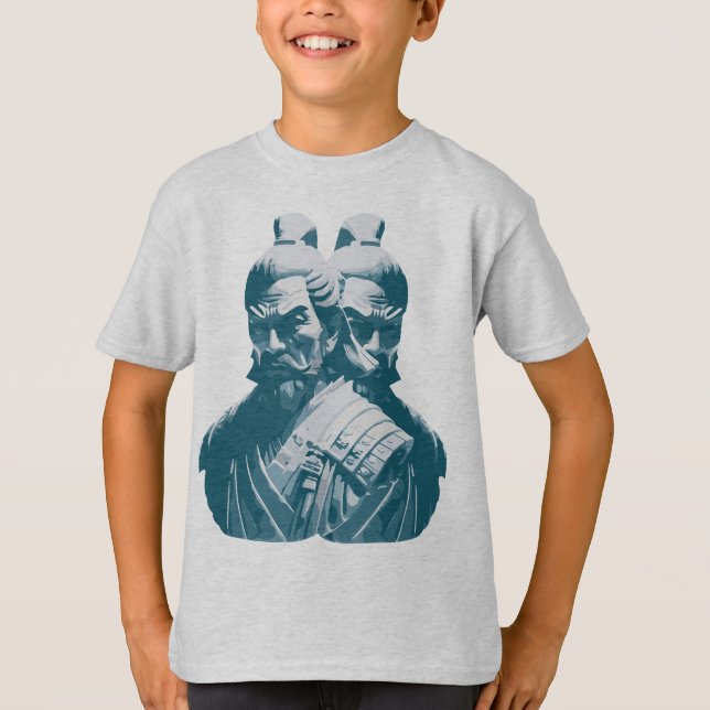 Zwei japanische Samurai Statuen Design T-Shirt (Vorderseite)