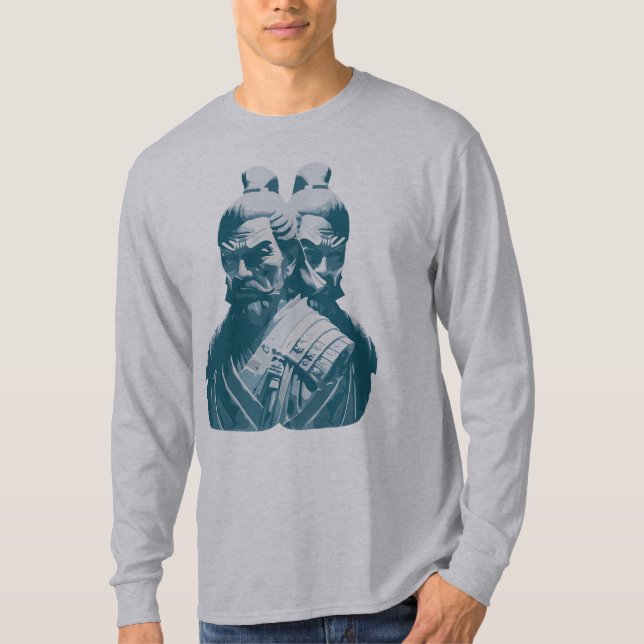 Zwei japanische Samurai Statuen Design T-Shirt (Vorderseite)