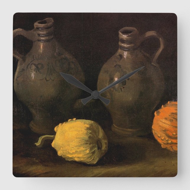 Zwei Jars und zwei Pumpkins von Vincent van Gogh Quadratische Wanduhr (Vorderseite)