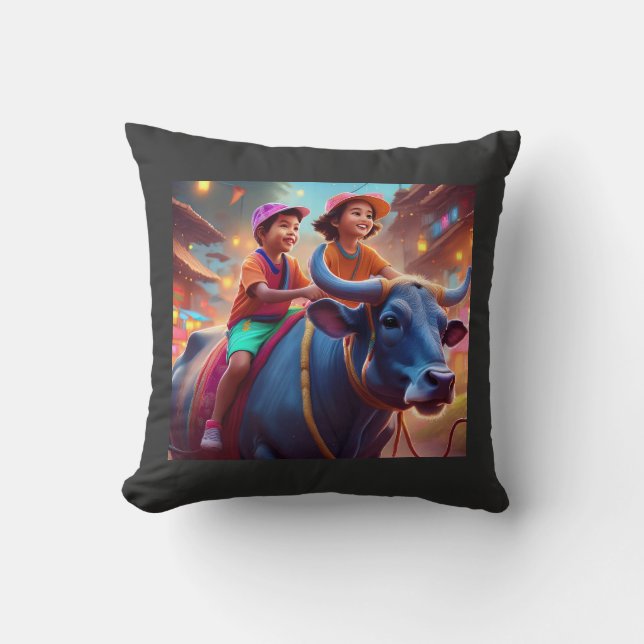 Zwei junge philippinische Kinder reiten in der Fam Kissen (Vorderseite)