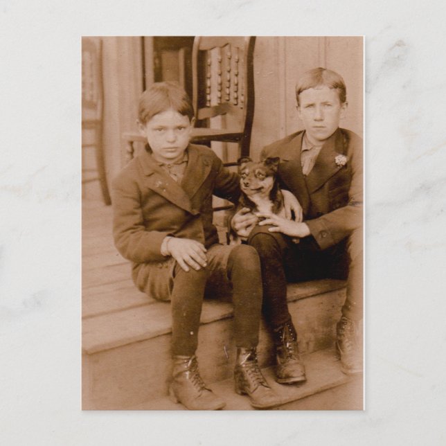 Zwei Jungen in den 1920er Jahren, ein Hund Postkarte (Vorderseite)
