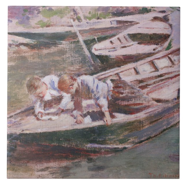 Zwei Jungs in einem Boot (von Theodore Robinson) Fliese (Vorderseite)