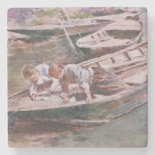 Zwei Jungs in einem Boot (von Theodore Robinson) Steinuntersetzer (Vorderseite)
