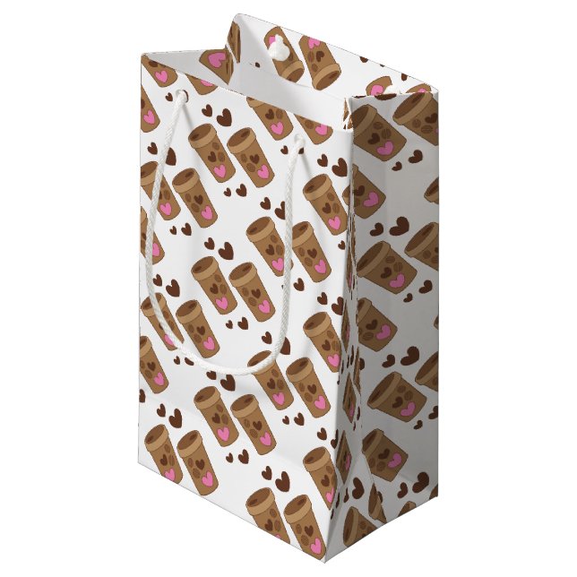 zwei Kaffeetassen mit Liebeherzen Kleine Geschenktüte (Vorderseite Schrägansicht)