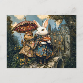 Zwei Kaninchen auf einer Burgbrücke in Fantasy-Sze Postkarte